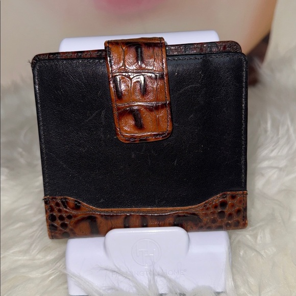 Brahmin Black and Brown Embossed Leather Wallet Bifold Crocodile Accent Compact - Picture 1 of 6